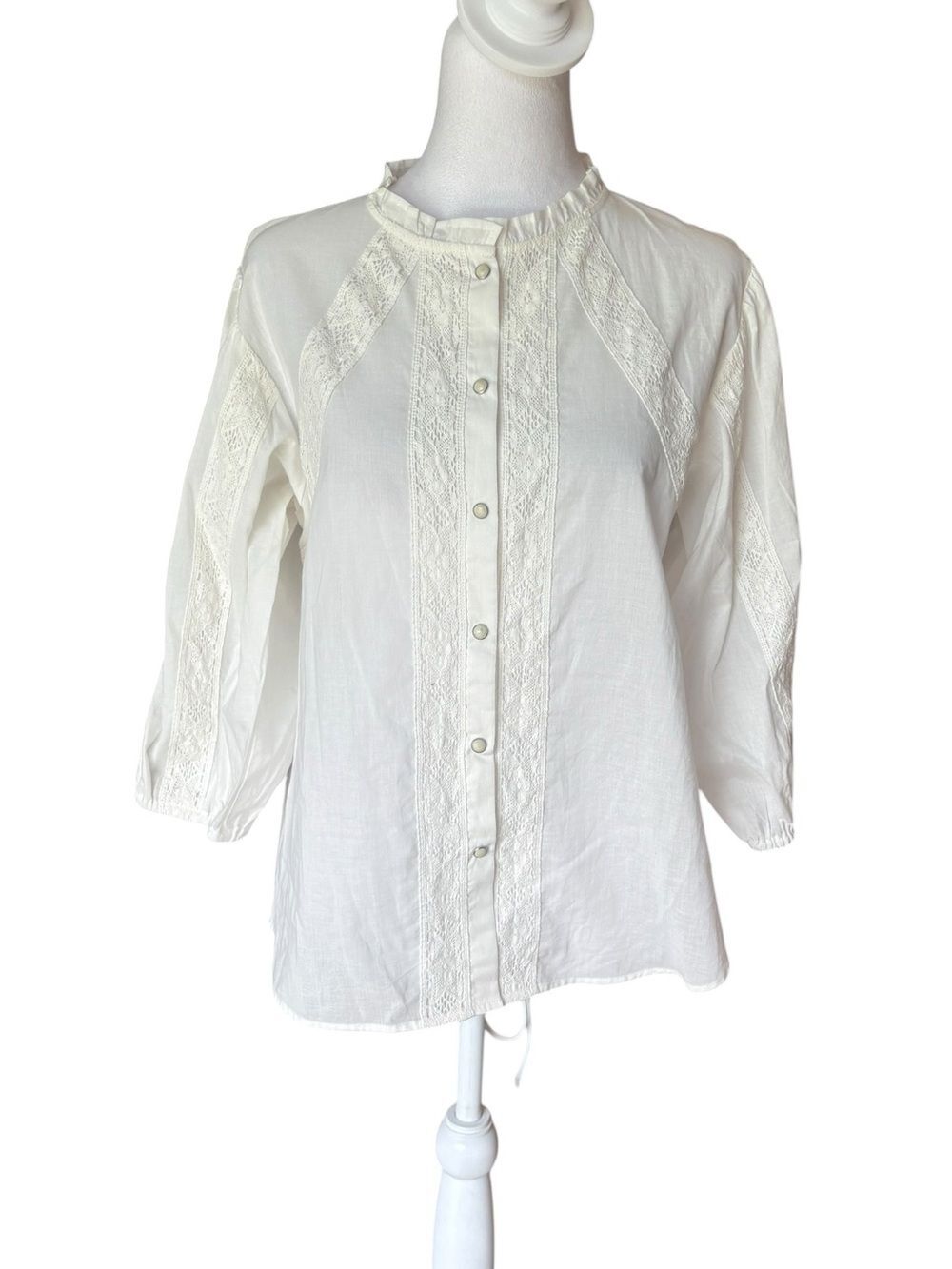 Tasha Polizzi White Cotton Lace Victorian Peasant Button Up Blouse Womens Medium